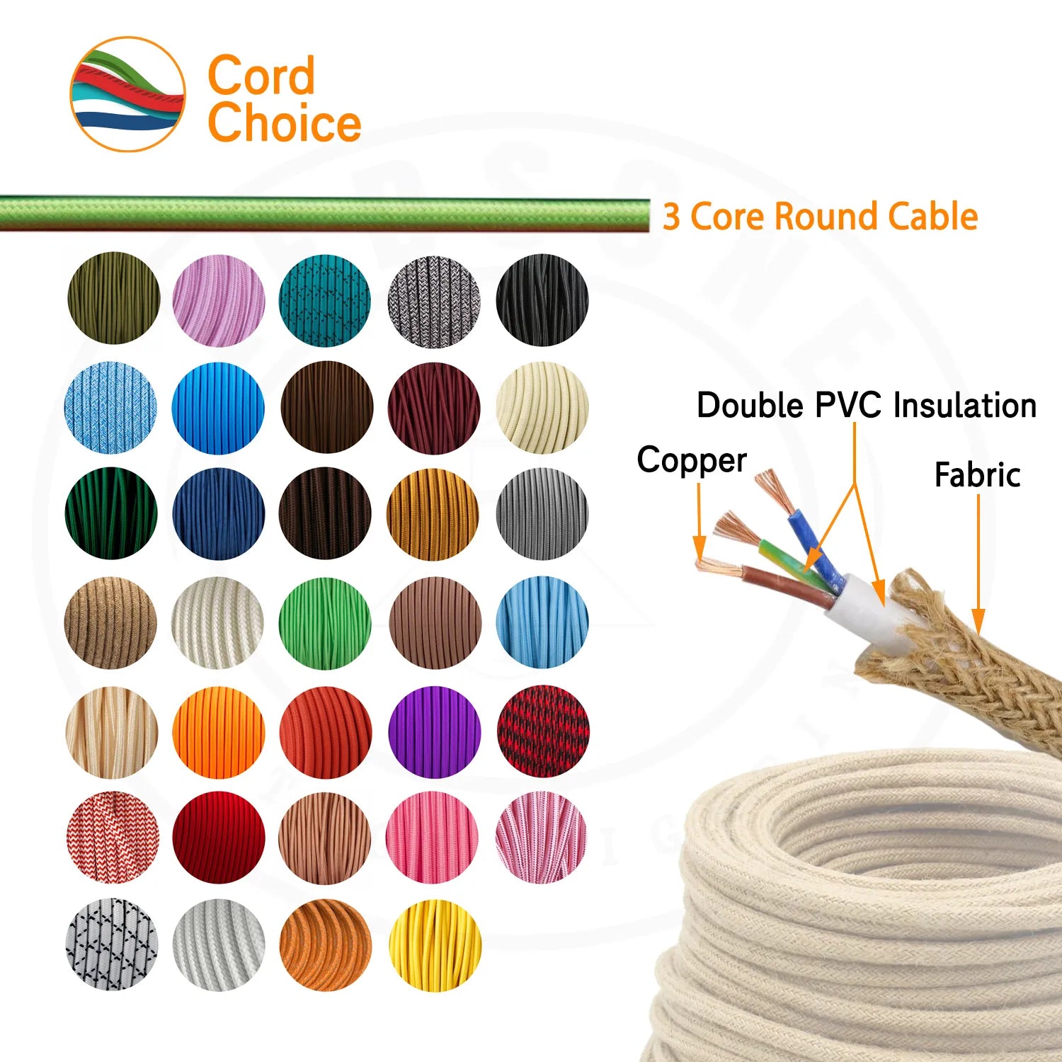 1M/5M/10M 3 Core Vintage Round Braided Ivory Fabric Lighting Cable~4538