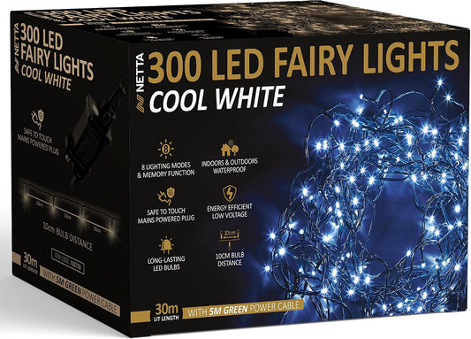 Christmas Tree Fairy Lights - 30M 300 LED Mains Powered, Waterproof Outdoor String Light, 8 Modes Plug in Lighting outside Indoor & Outdoor Garden Xmas Decorations - Cool White