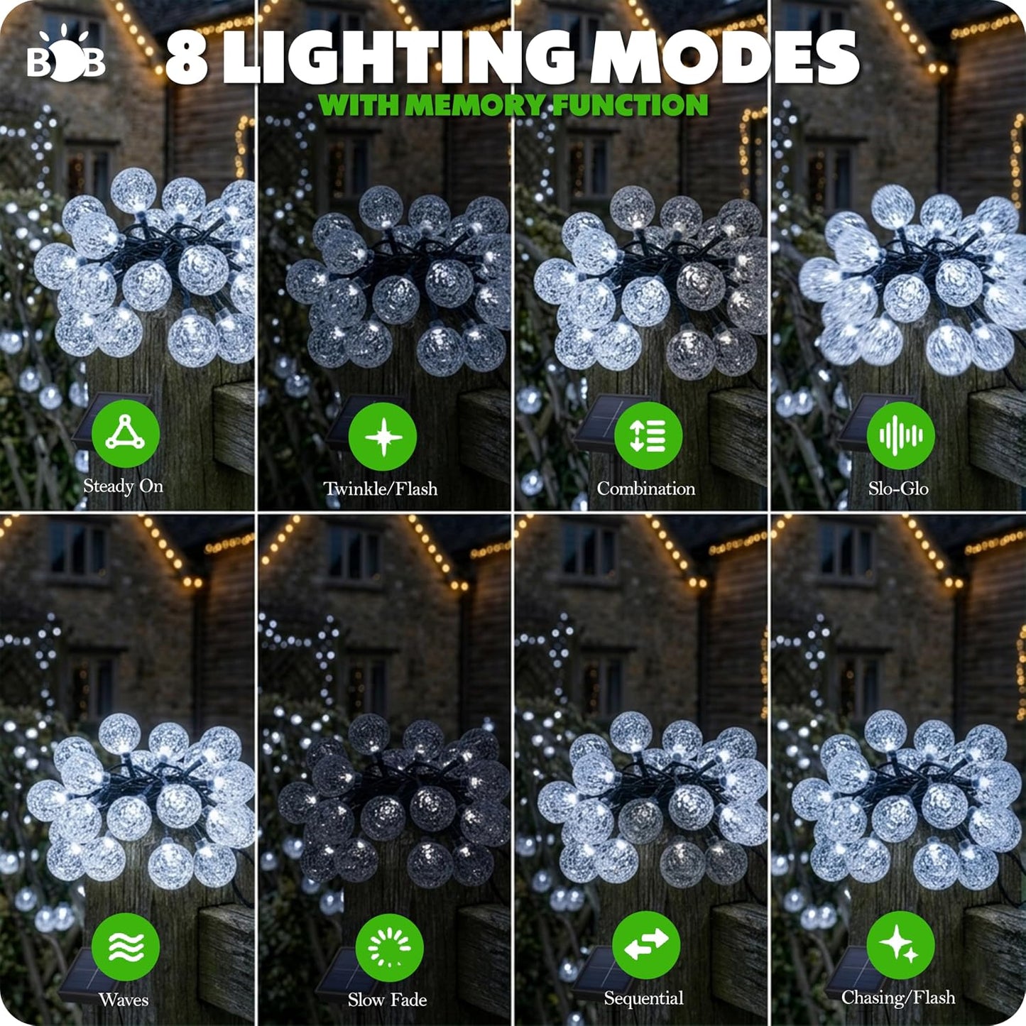 Solar Bubble Ball String Lights Outdoor, 16.9M 100 LED Cool White Fairy Lights, Waterproof Solar Powered Crystal Globe Lights with 8 Modes for Garden, Patio, Yard, Tree, Wedding & Party Decor (100)
