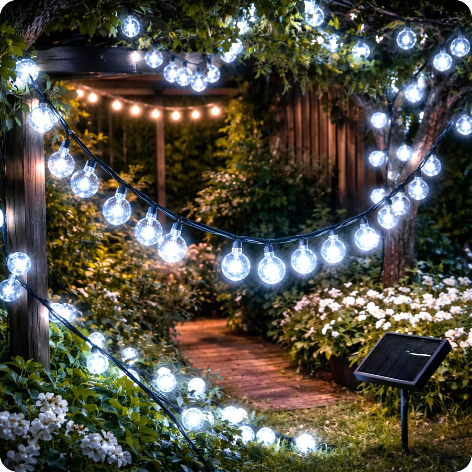 Solar Bubble Ball String Lights Outdoor, 16.9M 100 LED Cool White Fairy Lights, Waterproof Solar Powered Crystal Globe Lights with 8 Modes for Garden, Patio, Yard, Tree, Wedding & Party Decor (100)