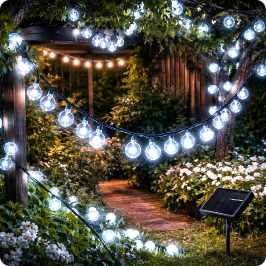 Solar Bubble Ball String Lights Outdoor, 16.9M 100 LED Cool White Fairy Lights, Waterproof Solar Powered Crystal Globe Lights with 8 Modes for Garden, Patio, Yard, Tree, Wedding & Party Decor (100)