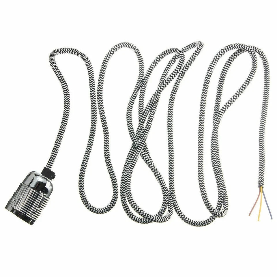 E27 Chrome Holder 3 Core Round Fabric Black And White Colour 2m Pendant Set~2159